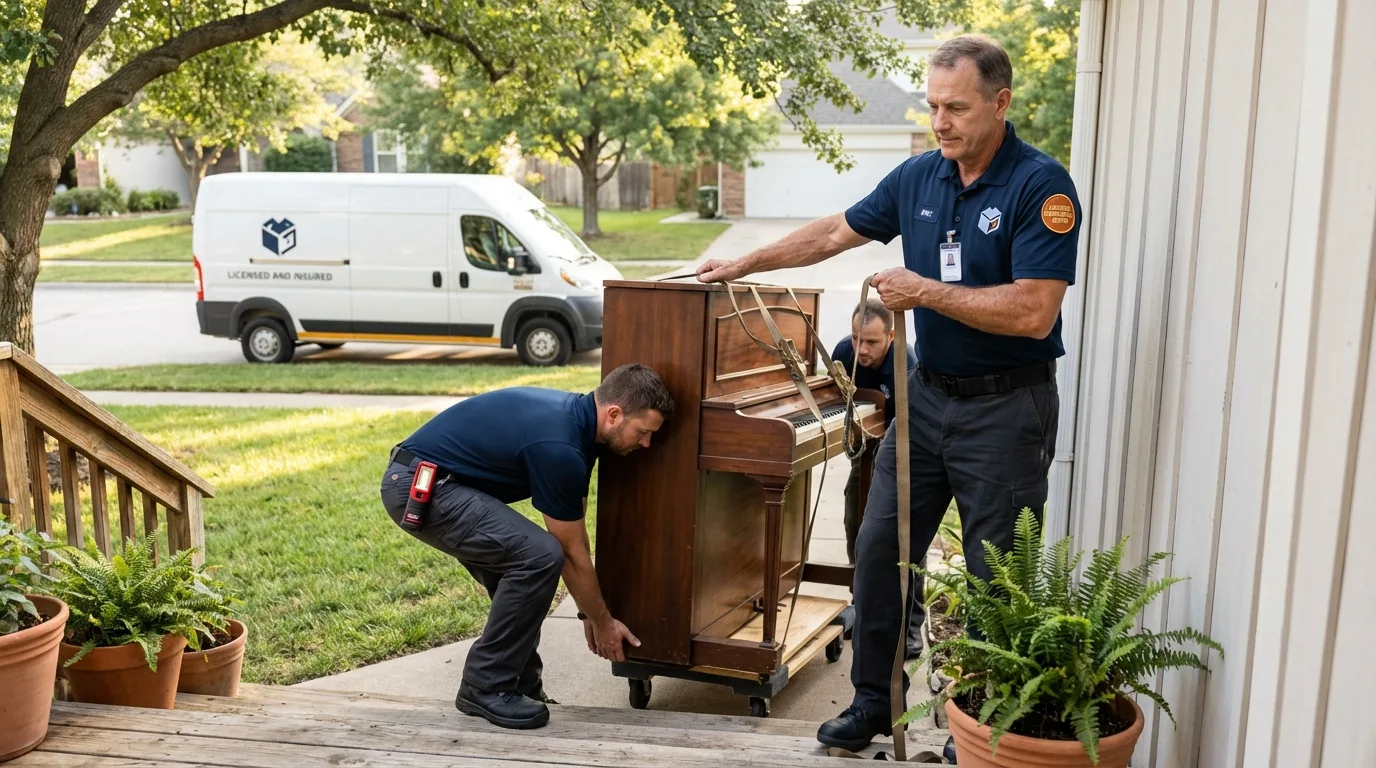 Licensed piano movers securing grand piano in Anahuac, TX