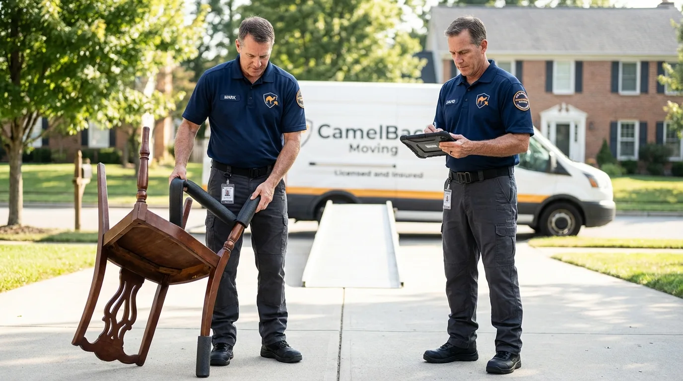 Movers inspecting furniture for damage prevention before loading in Anahuac, TX